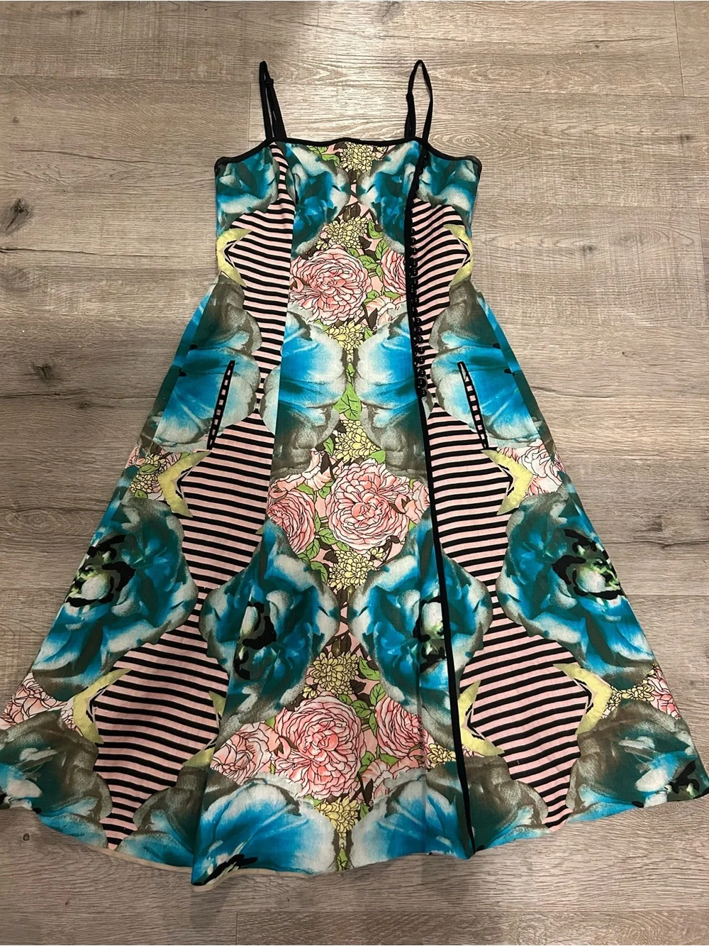 Tracy Reese NY Pink Blue Floral Linen  Coquette Fit to Flare A-Line Dress SZ 4